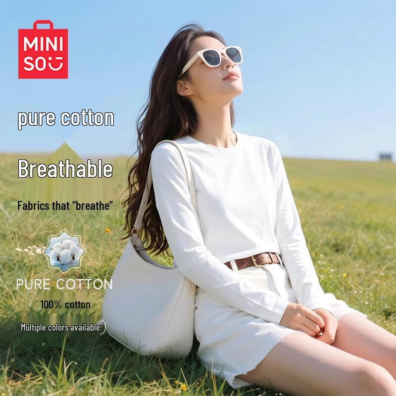 MINISO Women's 2026 Fall Casual Pure Cotton Long Sleeve T-Shirt