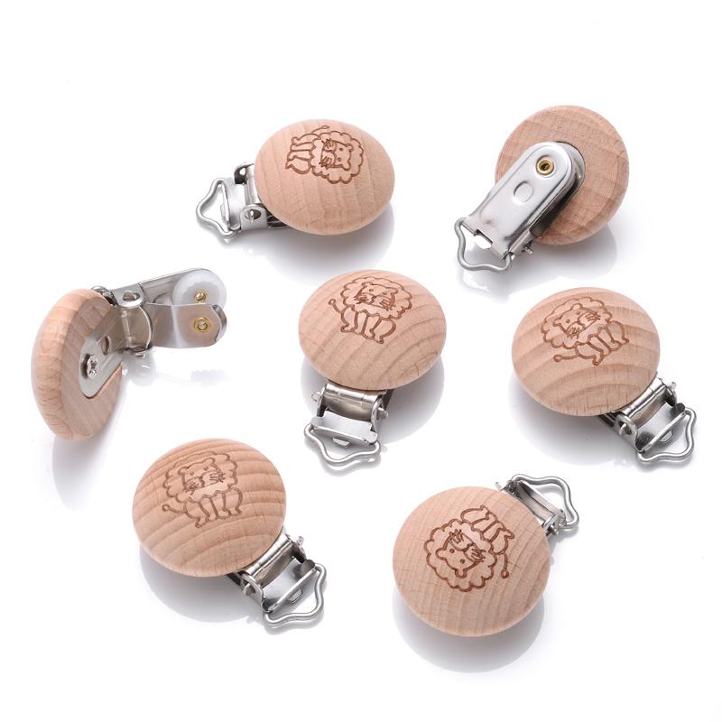 10Pcs Round Printing Beech Wood Teething Clip Chew Soother Pacifier Clip Chain For Nipple Chain Clip Nursing Product Wholesale