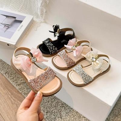 Girls Sequins Princess Sandals Simple Kids Summer Beach Fashion Children Shiny Leather Sandals with Bow-knot 2024 New