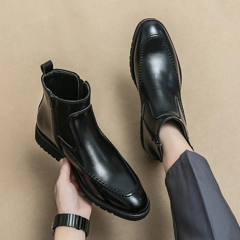 Fashion Brown Chelsea Boots Men Business Black Round Toe Zipper Slip-On Solid Men's Formal Boots  Size 38-46