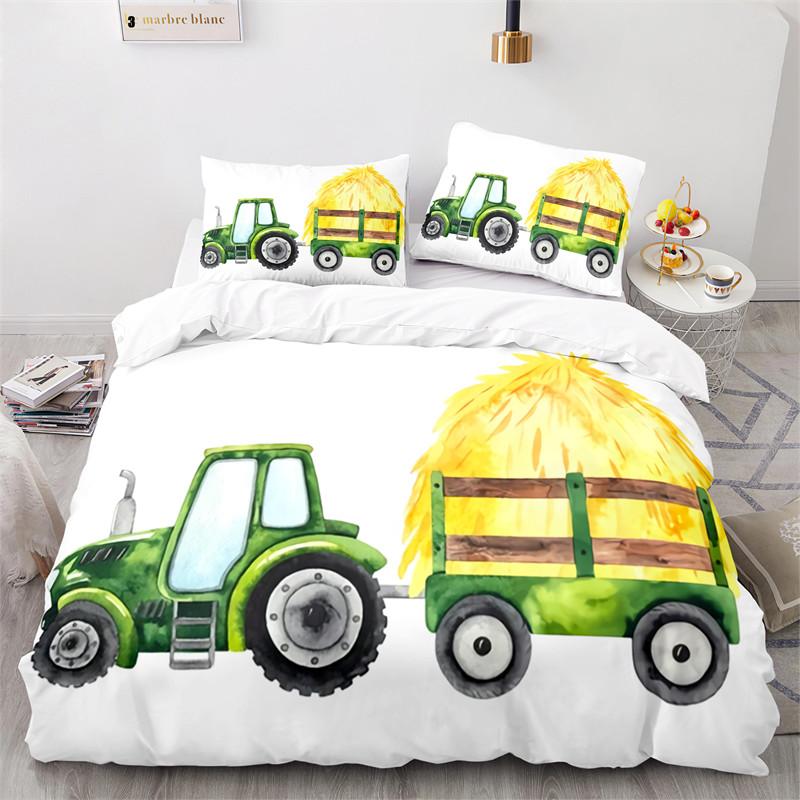 Kid Tractor Truck Duvet Cover Twin Cartoon Transportation Quilt Cover Polyester Construction Vehicle Bedding Set Car Theme Decor