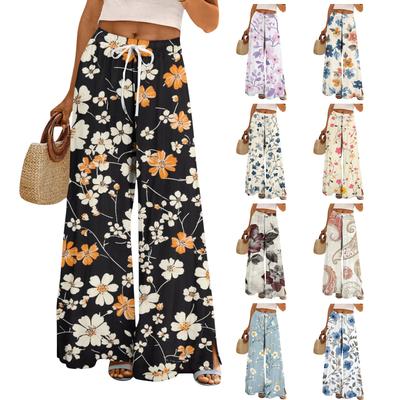 Women's Printed Wide Leg Pants With Pockets High Waist Drawstring Loose Casual Pants