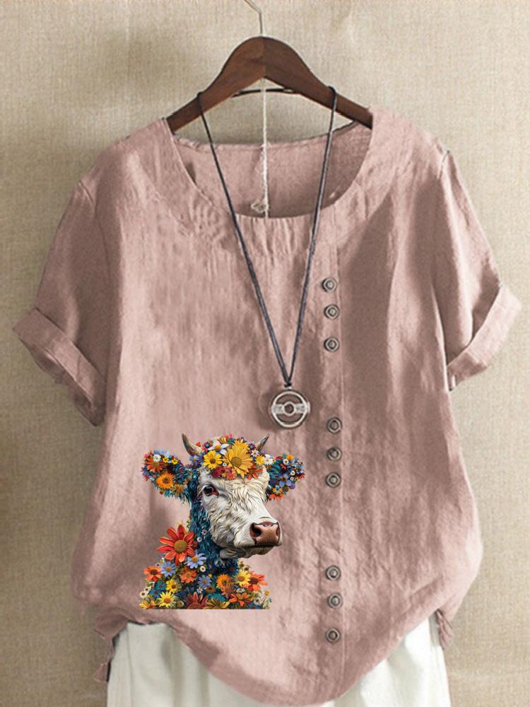 Women's Fashion Buffalo Print Round Neck Short Sleeve T-shirt Casual Cotton Linen Graphic Shirt Leisure Loose Summer Blouse Tops
