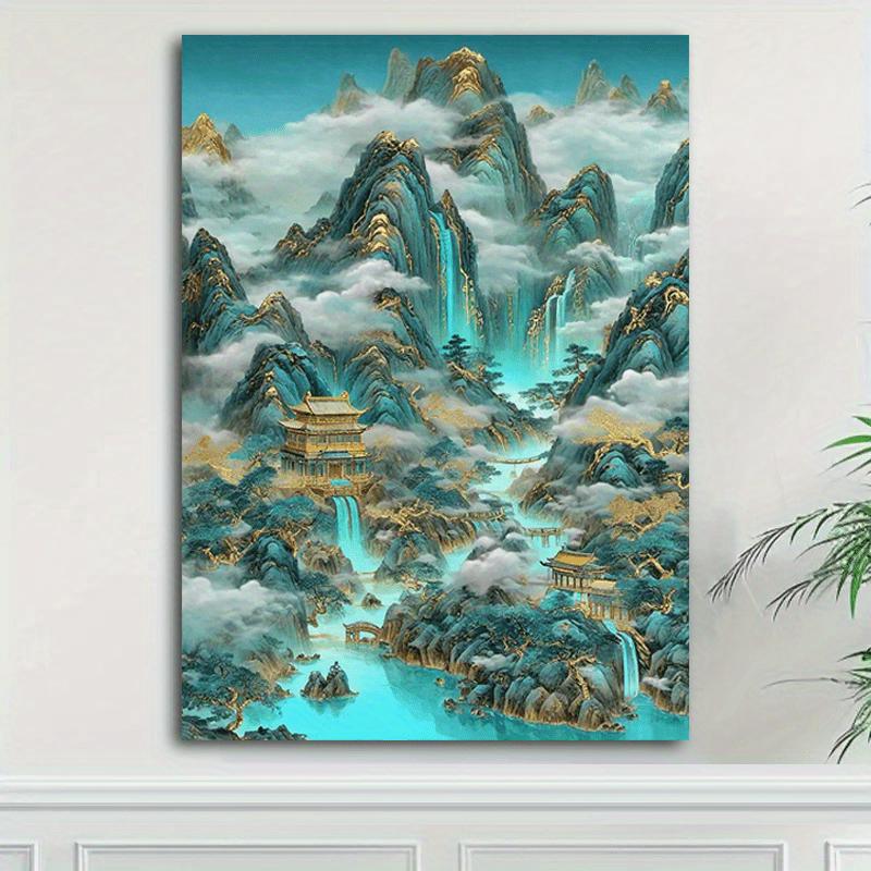 

[2D Flat] 1pc Traditional Chinese Landscape Canvas Wall Art - Majestic Mountains, Waterfalls, and Pavilions, Golden and Blue Hue 30x40in