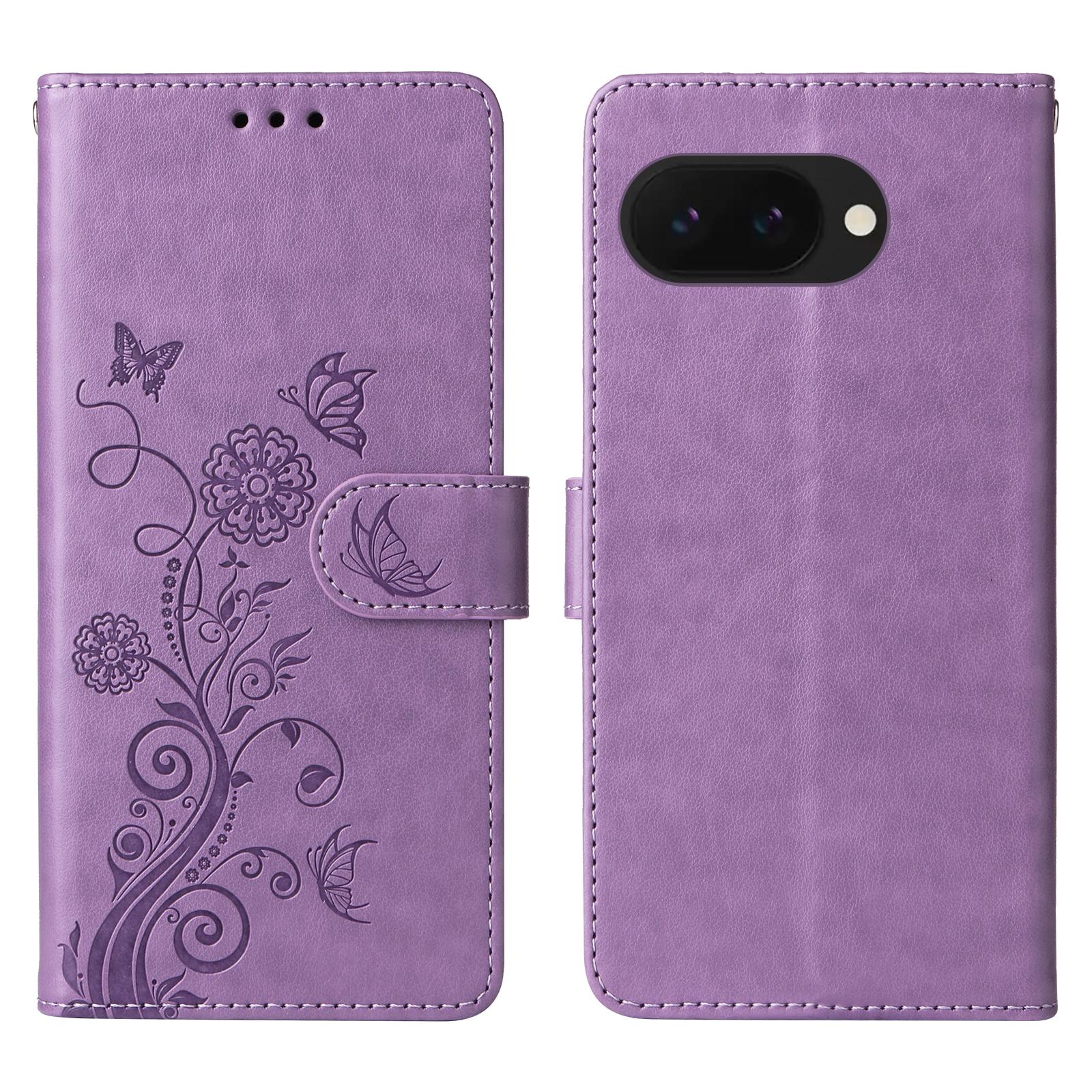 

For Google Pixel 9a Leather Case Butterfly Floral Imprint Wallet Stand Cover Purple