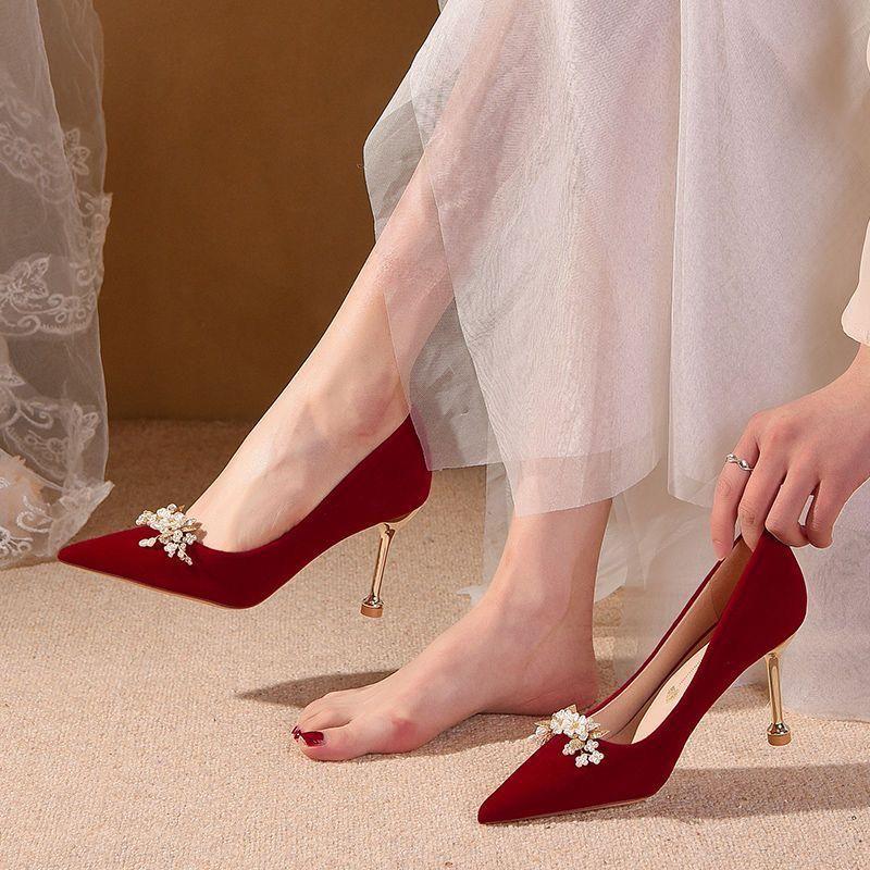 French stiletto wedding shoes 2025 new female wedding bride shoes show clothes wedding dress two wear red high heels