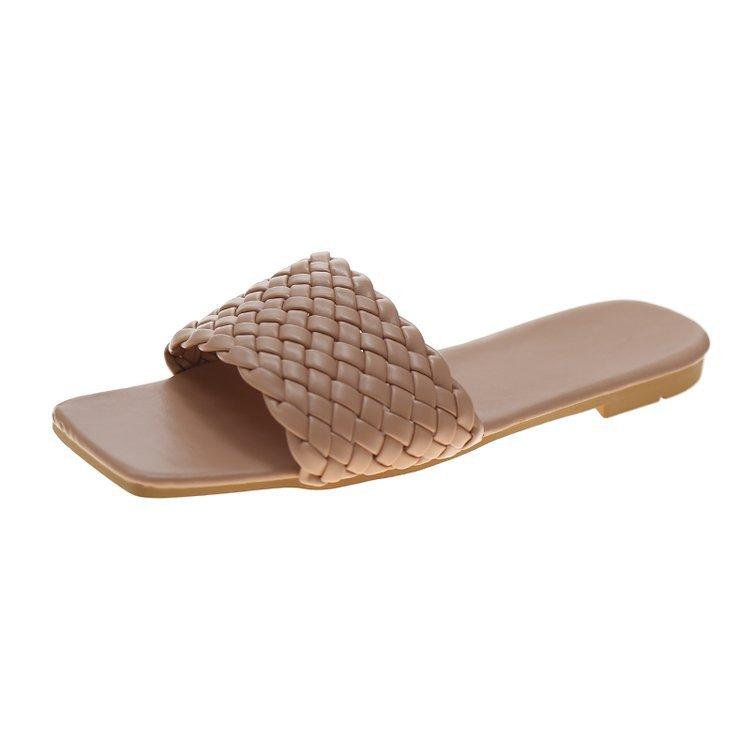 Women's Slippers 2025 Summer Selling Sexy Braided Red Square Toe Flat Flip-Flops Fashion Beach Mules Casual Indoor Home Slippers