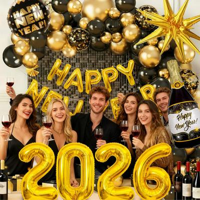 2026 Neujahrsdekoration Schwarz Gold Silber Latexballons Folienbuchstabenballon Banner Set für Silvester Abschlussball Partyzubehör