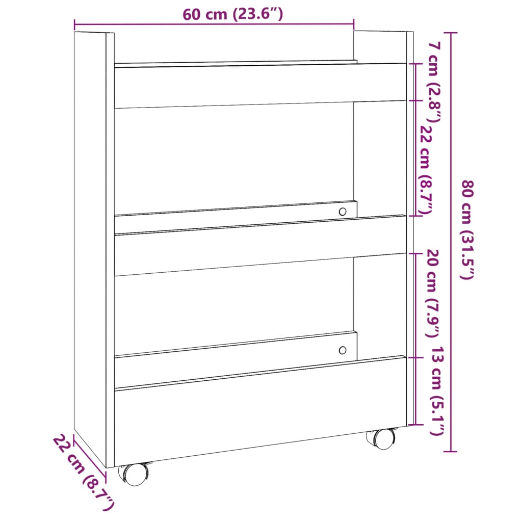 Schmaler 3-stöckiger Aufbewahrungswagen, Eckschrank-Aufbewahrungsregal, mobiler schmaler Aufbewahrungsschrank für Badezimmer, 60 x 22 x 80 cm