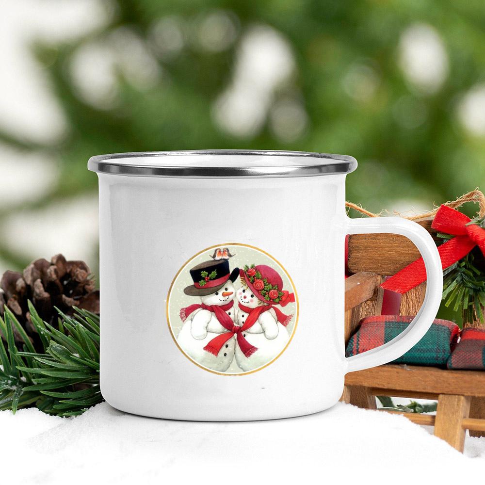 Snowman Printed Mug Enamel Coffee Milk Juice Cup white Handle Wine Beer Mugs Banquet Table Decorations Winter Christmas Eve Gift