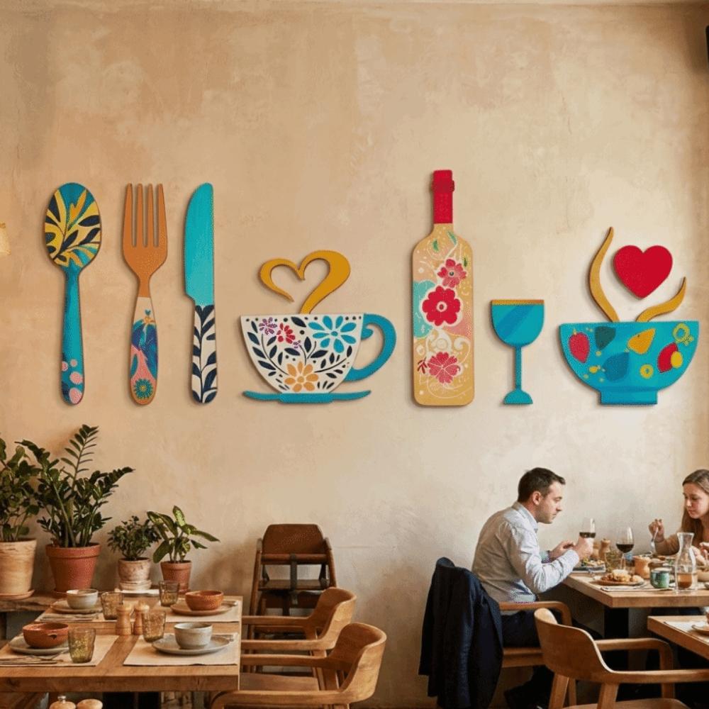 8PCS/SET Rustic Wall Art Decals Wood Fork Spoon Sticker Coffee Cup Wall Sticker  Dining Room