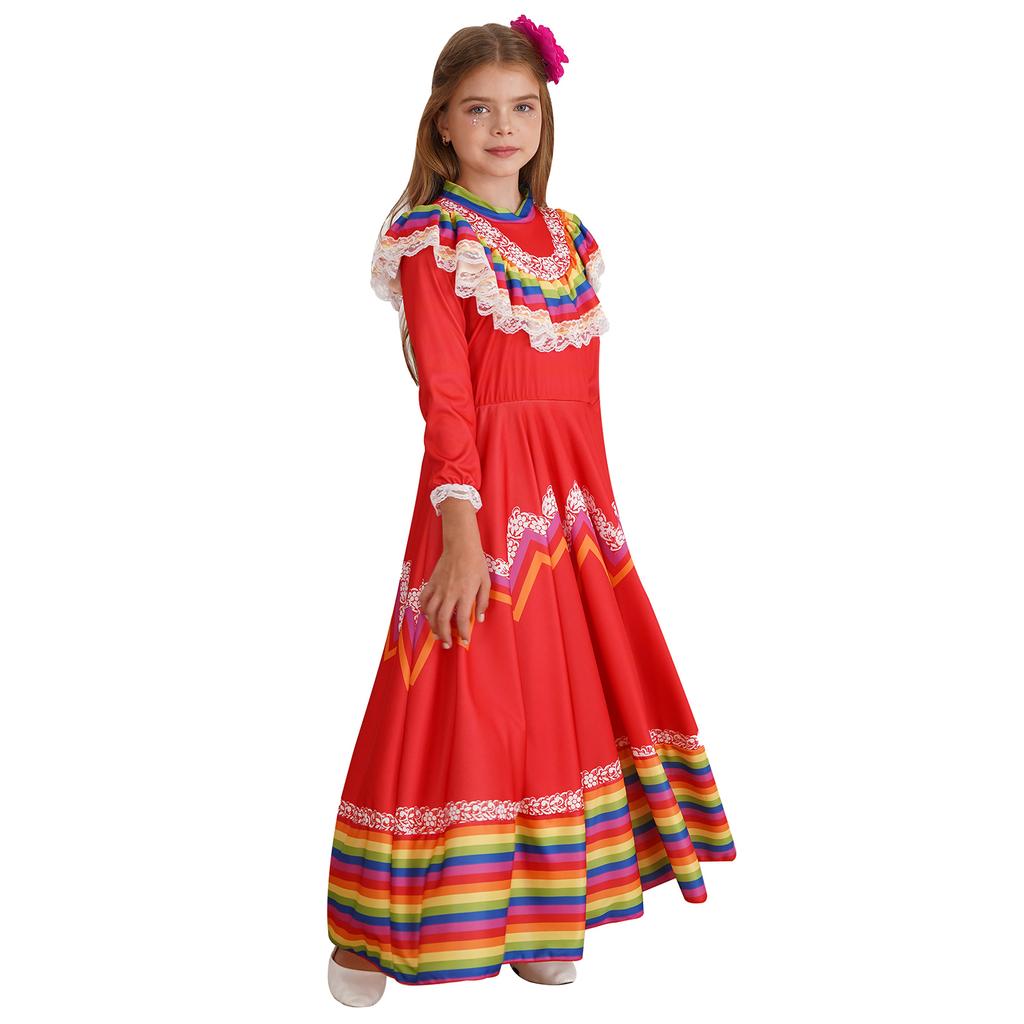 Kids Girls Mexican Traditional Jalisco Folk Dance Dress Halloween Costume with Flower Hair Clip