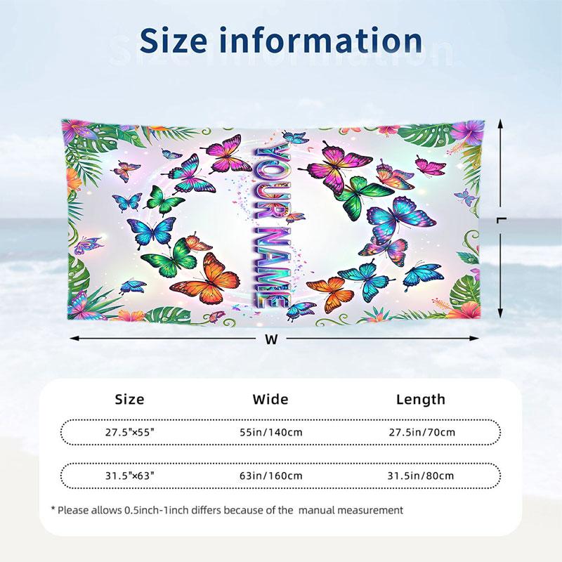Butterfly Theme Beach Towel Personalized Custom Name & Text Soft Quick Dry Beach Towel for Swimming Travel