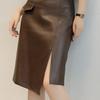 Korean Fashion Autumn Women's Solid Color Zipper Asymmetrical High Waist Split Slim Bag Hip Mid-length A-line PU Leather Skirt