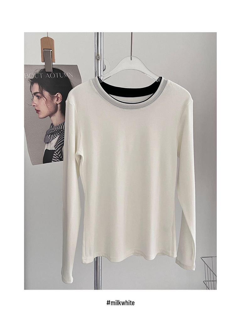 Women's Two-in-One High-Elastic Long-Sleeve Color-Block T-Shirt for Autumn/Winter