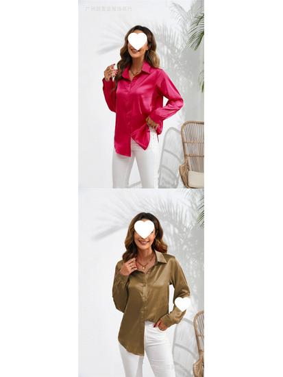 European & American Women's Long Sleeve Satin-Cotton Shirt - Solid Color, Spring & Autumn Bestseller
