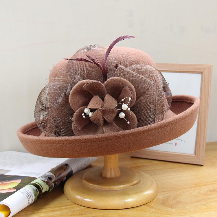 Autumn and winter hat women's British retro woolen top hat fashion mesh flower felt hat dome crimped basin hat