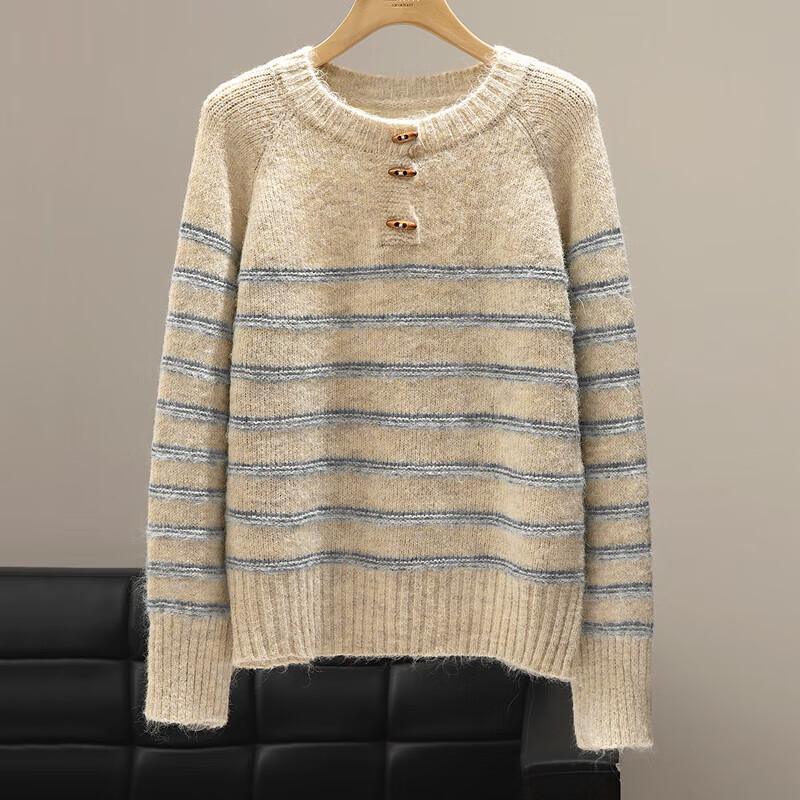 Silbaishi Women s College Style Striped Color-block Knitted Sweater One Size