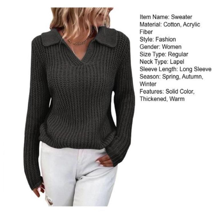 Women Slim Turn Down Collar Long Sleeve Solid Color Knitted Sweater Jumper Autumn Winter Female Clothing