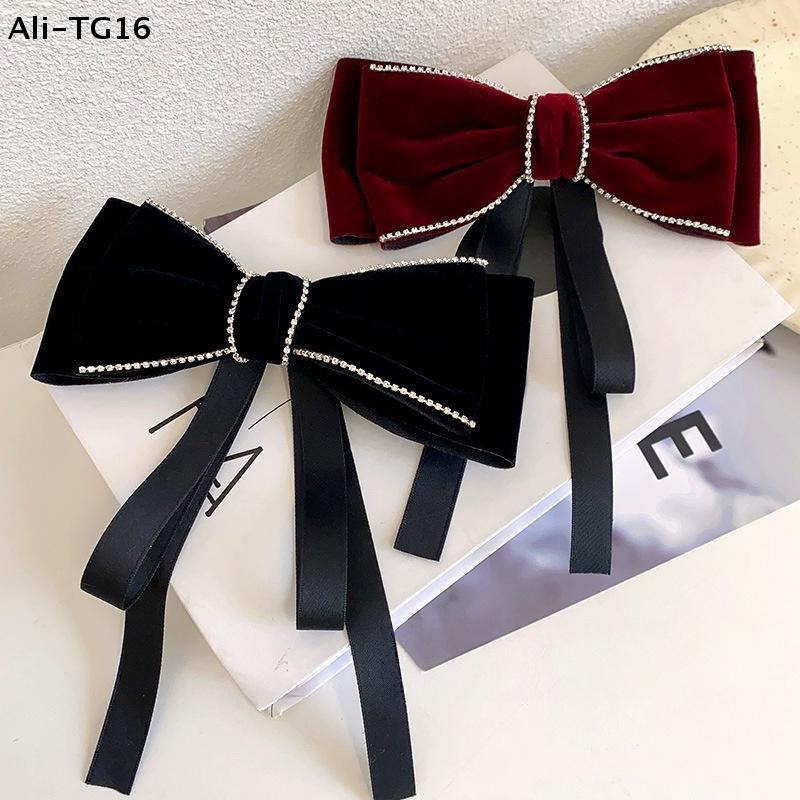 Fashion Retro Rhinestone Velvet Bow Ribbon Hairpin For Woman Temperament Back Of The Head Hair Clips New Year Hair Accessories