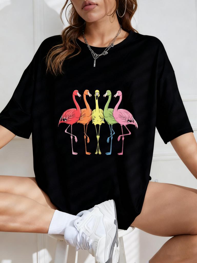 Camiseta Oversize Estampado de Flamenco Blanco Ropa Casual de Verano