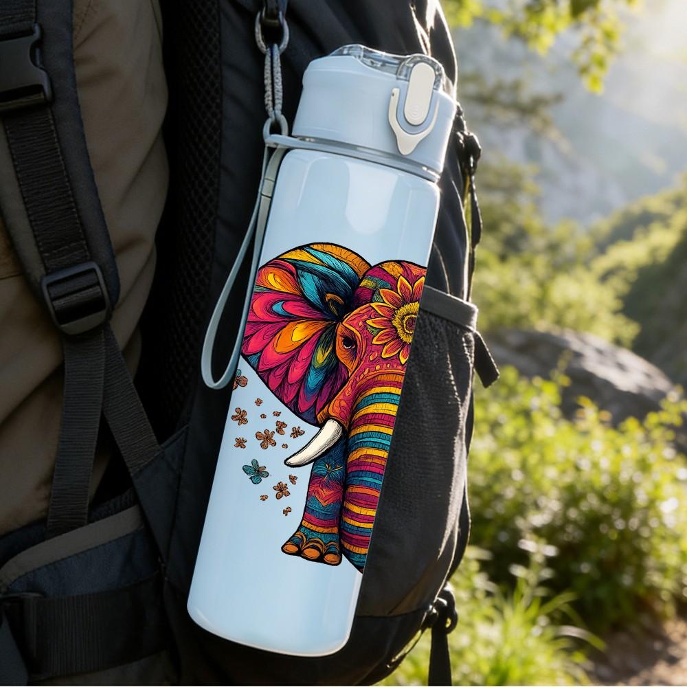 1PC Tribal Floral Elephant 750ml Color Plastic Sports Water Bottle Leakproof Flip Straw Lid Suitable for Sports Office Home Use