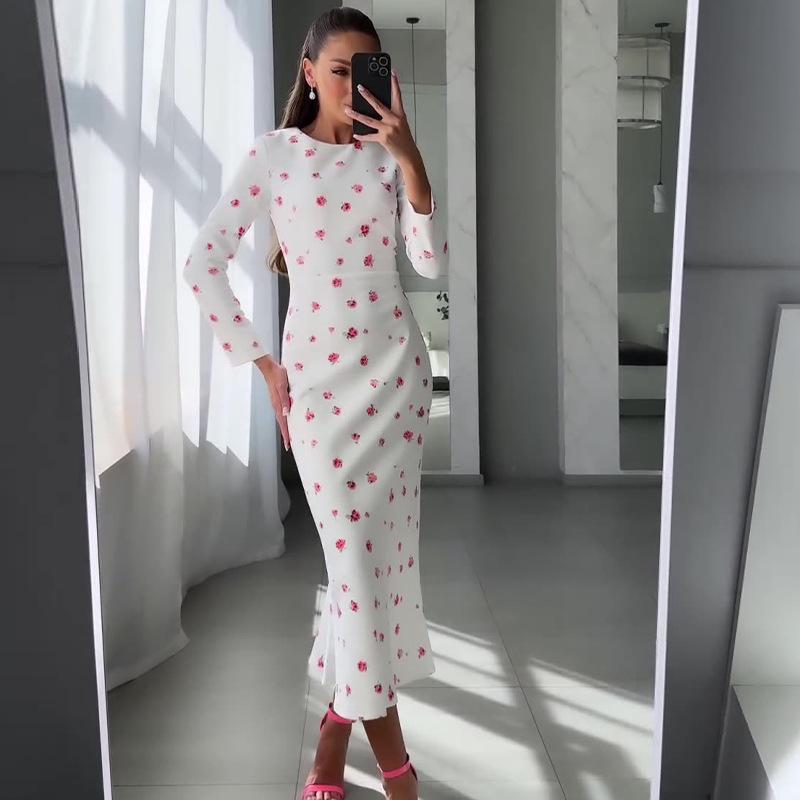 2024 Autumn Women's Round Neck Print Slim Long Sleeve Bodycon Dress.