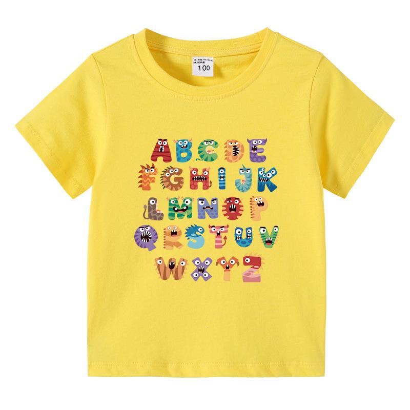 Boys Girls TShirt 26 Letters Print Black 100 Cotton Short Sleeve Tee Soft Casual Summer Tops for Kids Children