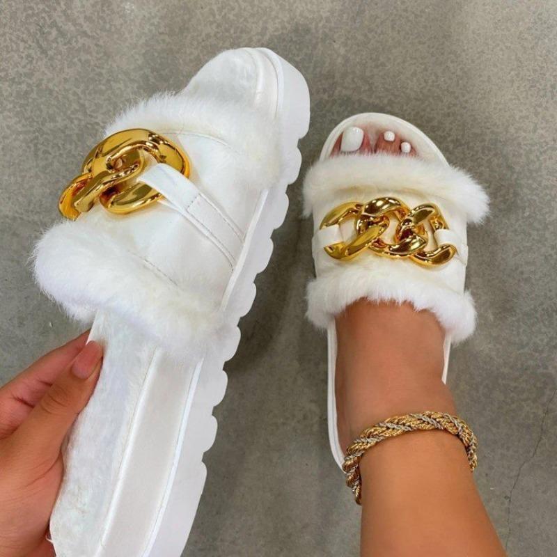 European and American New Thick-bottomed One-word Wool Slippers Foreign Trade Large-size Cross-border Metal Chain Cotton Drag Women