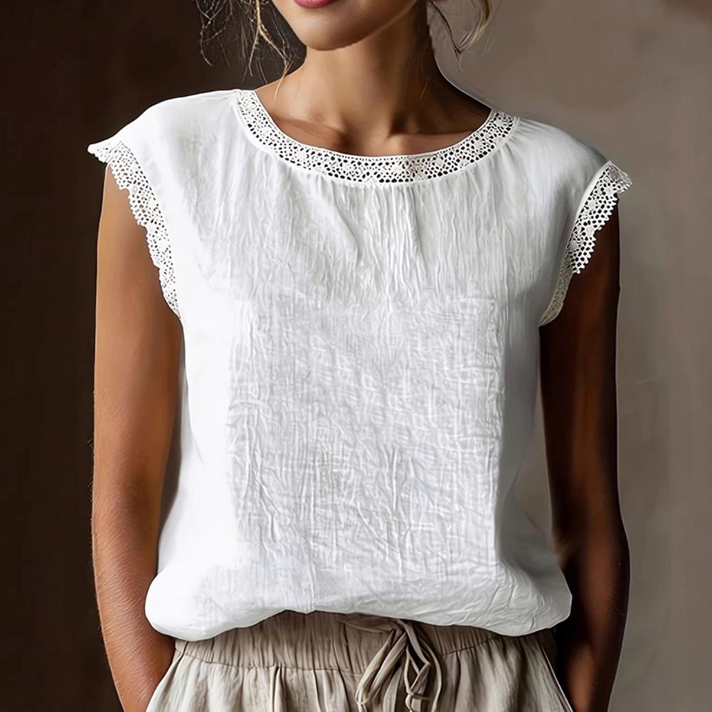 Women s Vintage Solid Color Crew Neck Lace Patchwork Casual Sleeveless Linen Shirt XL