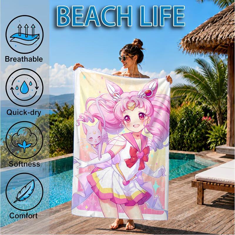 Pink Moon Puella Magi Beach Towel, Super Soft Microfiber, Perfect Gift for Her/Him, Birthday, for Pool, Beach, Travel, Decor Beach Party