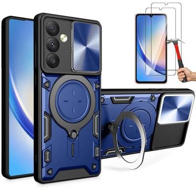 Case + Tempered Glasses - BOOLING - for Samsung Galaxy A34 5G - Navy Blue - Sliding Camera Protection - Rigid