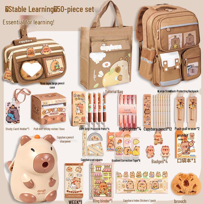 Capybara Backpack Stationery Set: Ergonomic Schoolbag Gift for Boys & Girls.