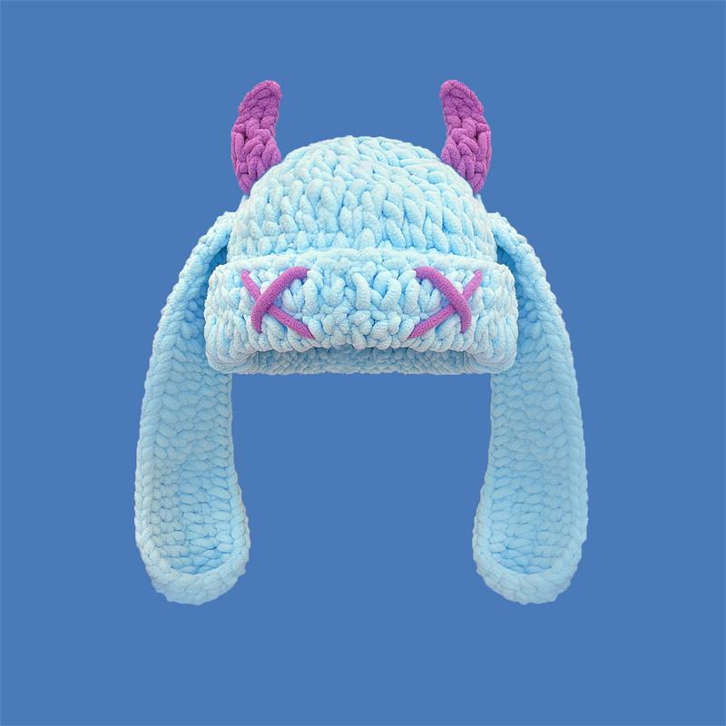 Unisex Autumn Winter Handmade Crochet Knitted Hat Soft Warm Long Ear Beanie Hat Men Women Casual Y2K SkullCap Hats Ski Caps