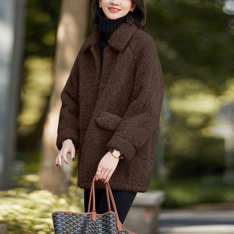 Jacket Female Fall and Winter New Korean Version of The Velvet Thickened Medium-length Imitation Lamb's Wool Lapel Loose Cotton Jacket Blouse