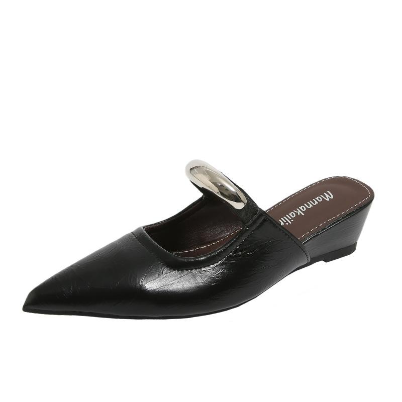 Spitze Metall Französischer dicker Absatz Pendler Cool Slipper Damen 2025 Frühling neu Außen tragen Temperament Tasche Kopf Halbslipper