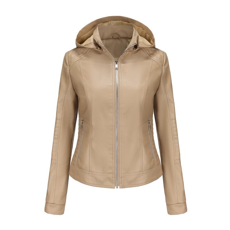Women's Spring and Autumn Hooded Leather Jacket Women's Removable Hat Windproof Jacket Short Casual Jacket