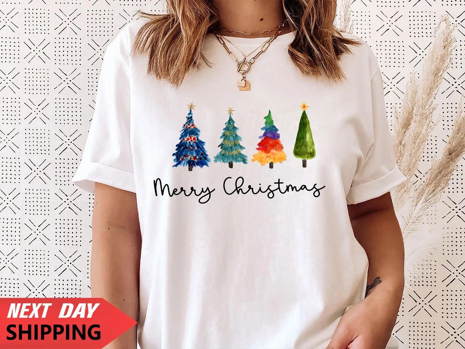 Christmas T-Shirt Novelty Funny Santa Reindeer Xmas T-shirt, Clour-Full-Tree-New XL