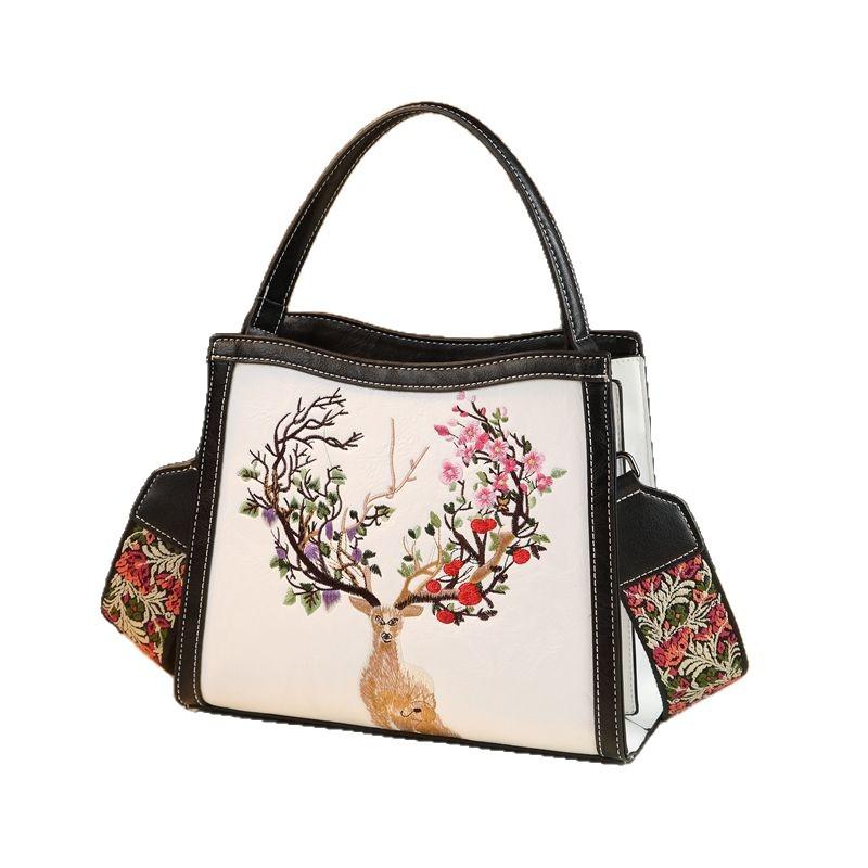 Exquisite Embroidered Leather Chinese Style Portable Shoulder Bag Gift Temperament Elegant Middle-Aged Mother Bag