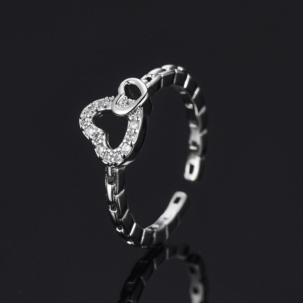 Women's High-End Double Heart Rhinestone Open Ring - Light Luxury Versatile Stacking Jewelry