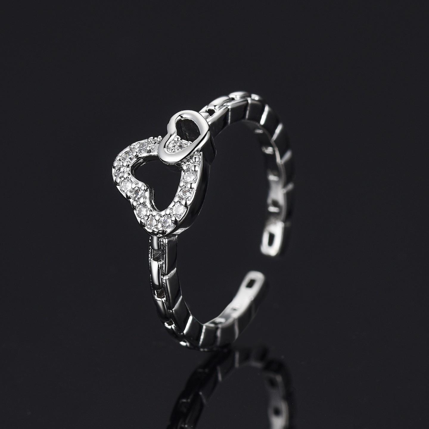 Women s High-End Double Heart Rhinestone Open Ring - Light Luxury Versatile Stacking Jewelry Adjustable Open