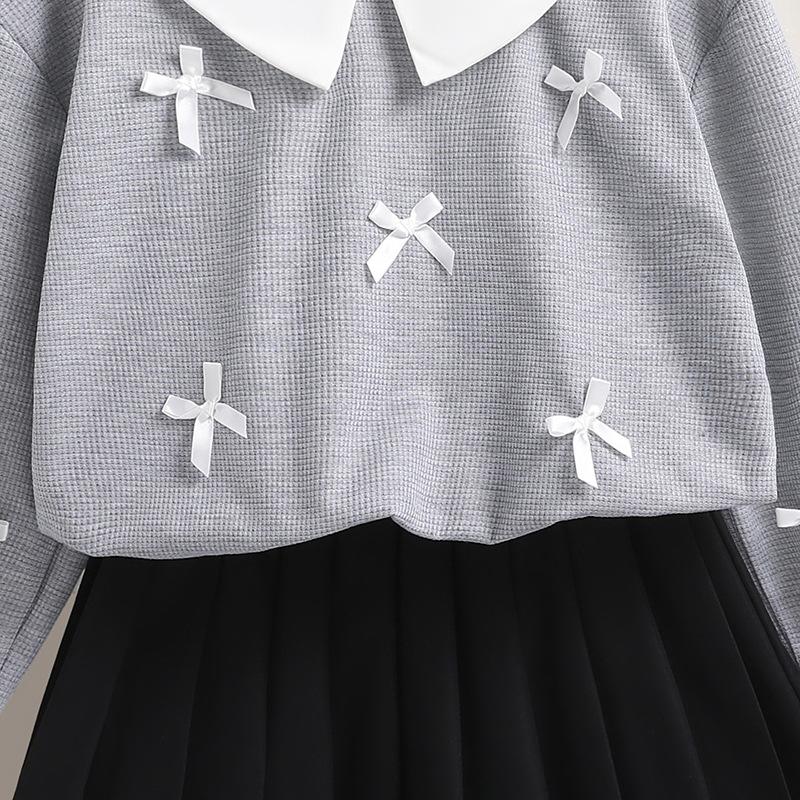 Dívčí oblek 2025 Podzimní móda Mašle Sladký Límec panenky Dlouhý rukáv 2dílný set Mikina a Plisovaná sukně Dětské oblečení