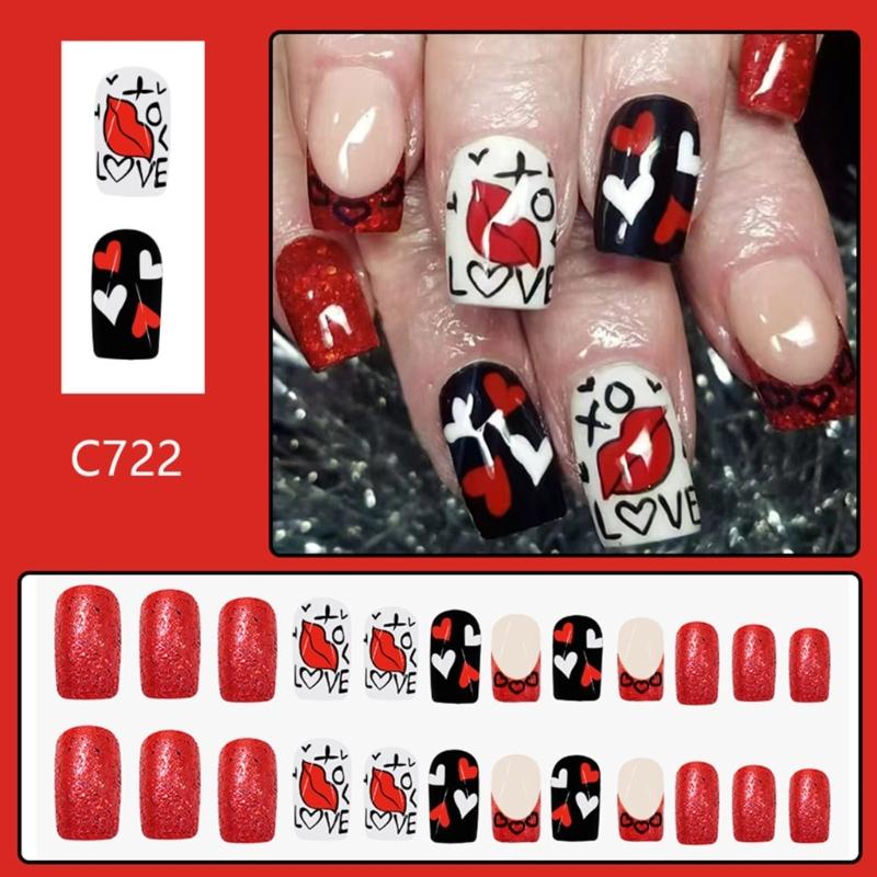 Valentine Press on Nail Square Fake Nail Glossy Design False Nail Full Cover Artificial Acrylic Nail 24pcs 12Sizes