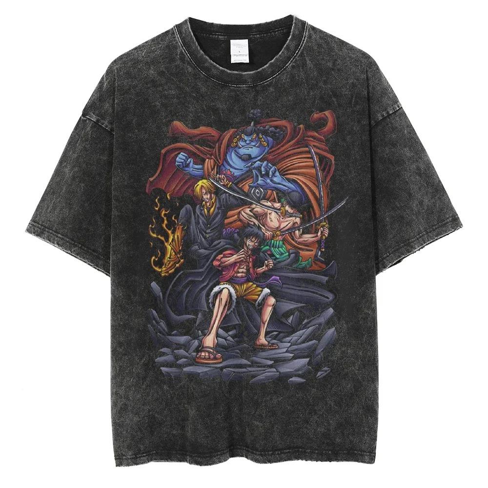 One Piece Monkey D. Luffy Conqueror's Haki Vintage Washed Anime Print Oversized T-Shirt | Unisex Streetwear Top