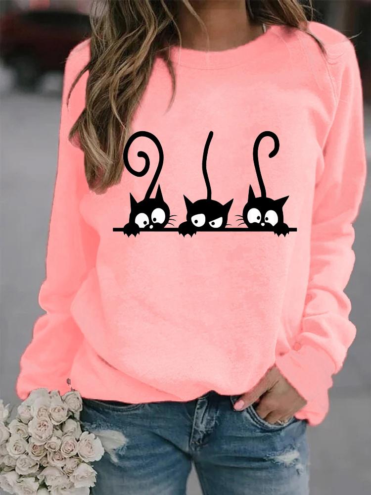 Women Winter Long Sleeved Casual Round Neck Black Cats Printed Loose Sweatshirt Tops & Blouses Plus Size T-shirts