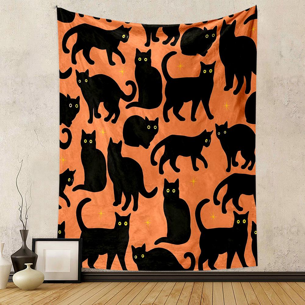 Black Cats Pattern on Orange Background Patterned Tapestry Decorative Wall Hanging, Home Bedroom Living Room Decor