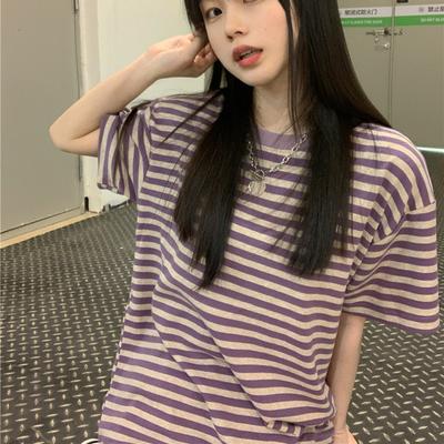 Sommer koreanische Kurzarm-T-Shirts für Damen Kleidung Vintage lila Streifen Lässiges lockeres T-Shirt Harajuku Y2k Oberteile Streetwear