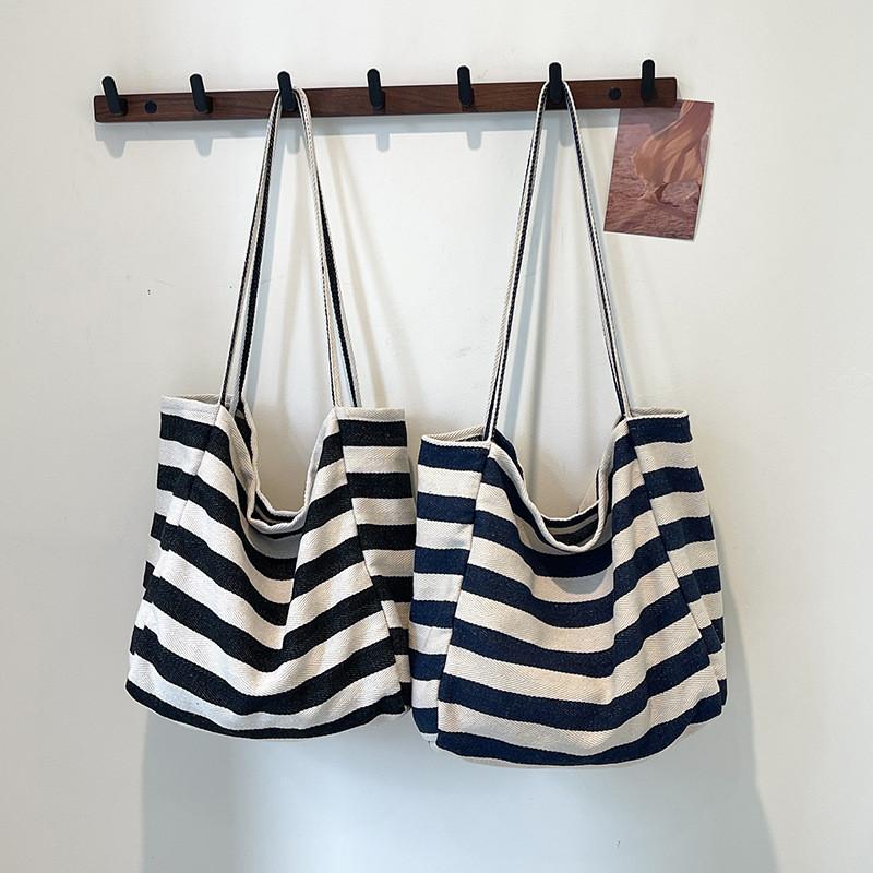 Stylish Korean Ins Color Block Striped Canvas Tote Bag Large Capacity For Shopping