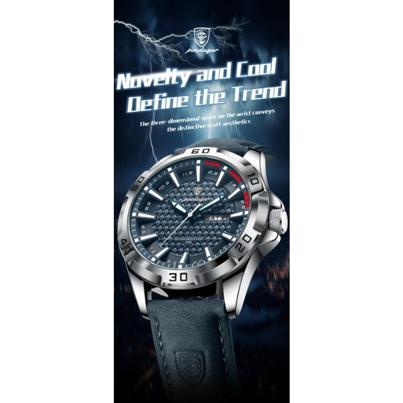 POEDAGAR Original Man Wristwatch Top Luxury Waterproof Luminous Date Week Watch for Men Quartz Sport Leather Watches Reloj