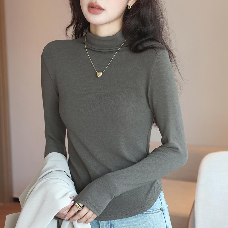 

New women s bottoming shirt semi-turtleneck long-sleeved top, spring and autumn clothes can be worn inside and outside women s clothing XXL fits 130 to 75kg армия зеленый